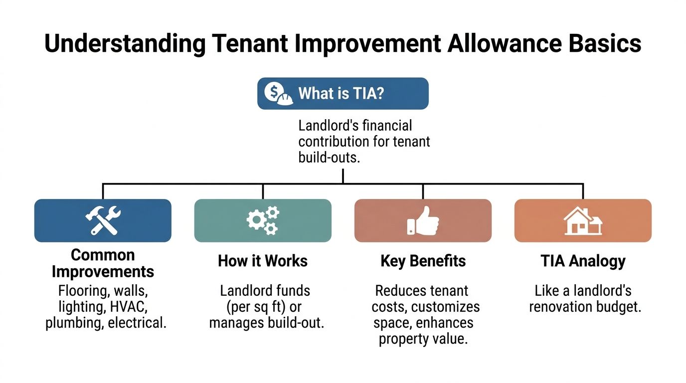 An infographic explaining the basics of a tenant improvement allowance, detailing its function, benefits, and common improvements.