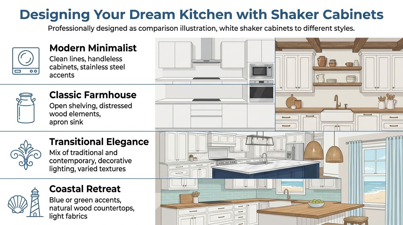 A comparison chart illustrating four distinct interior design styles using white shaker cabinets in kitchen spaces.