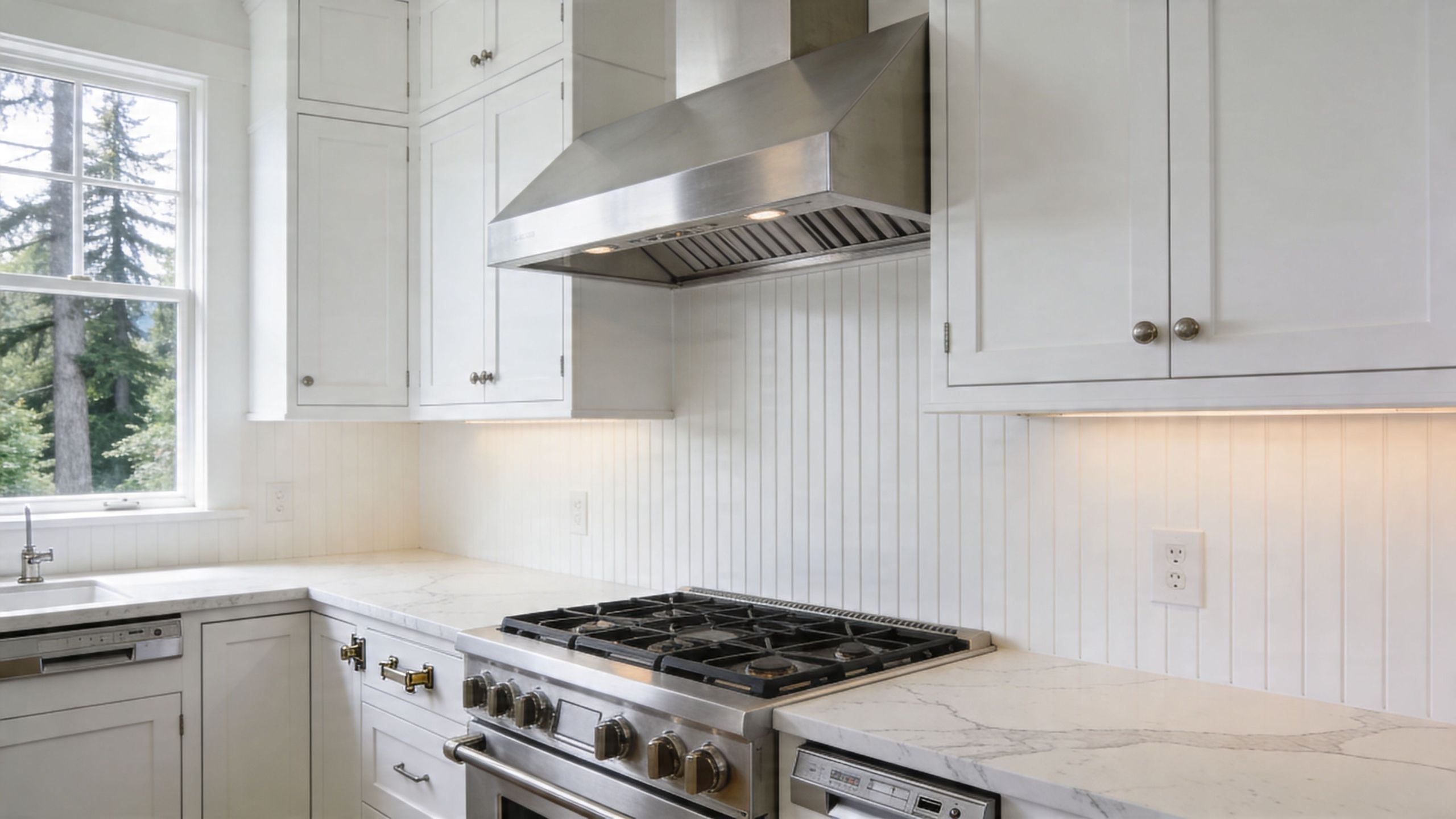 A bright white kitchen with shaker cabinets, marble countertops, stainless steel stove, and a farmhouse window view.