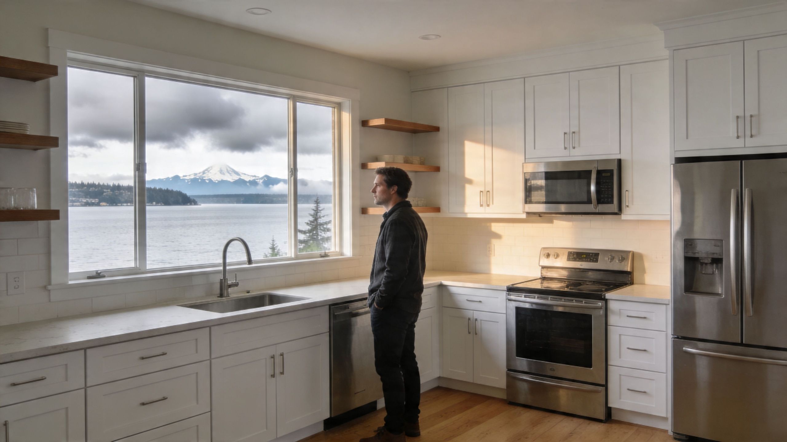A man looking out of a large kitchen window at a serene lake and mountain view.