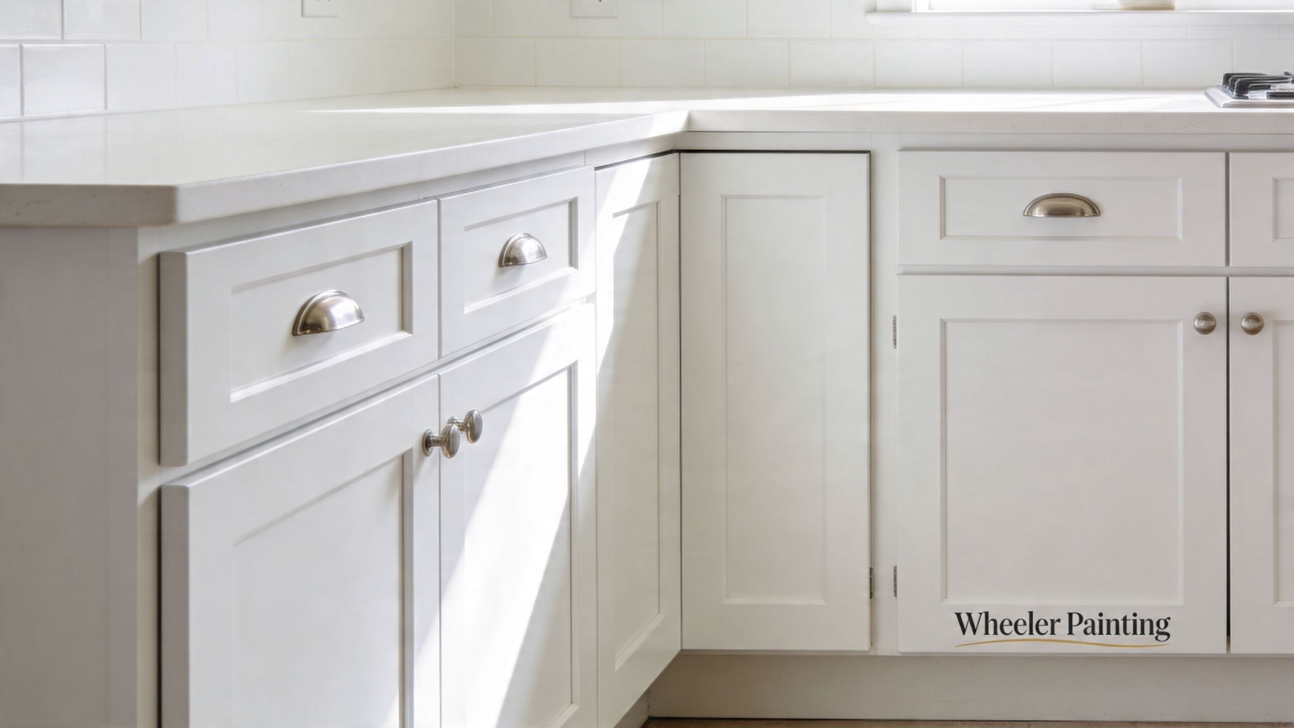 A clean, modern white shaker kitchen featuring bright cabinets, metallic hardware, and a smooth countertop surface.